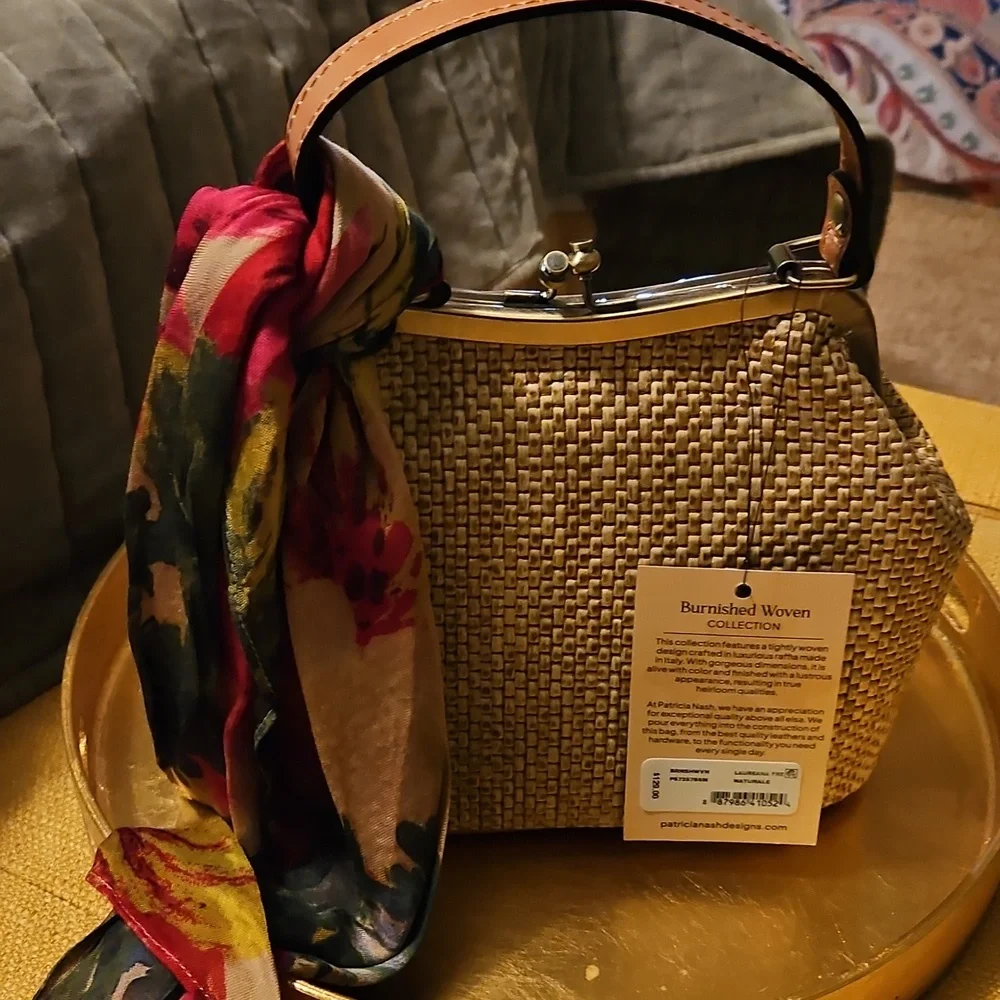 Patricia Nash Beige Woven Mini Bag with Multicolor Scarf Accent - Picture 7 of 8